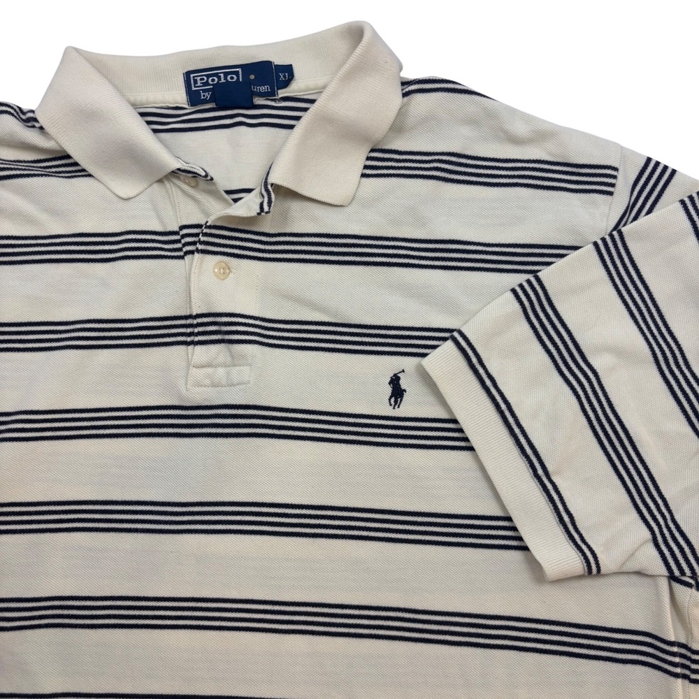 Polo Ralph Lauren Mens XL Cream Navy Blue Striped Pique Short Sleeve Polo Shirt - Picture 1 of 8